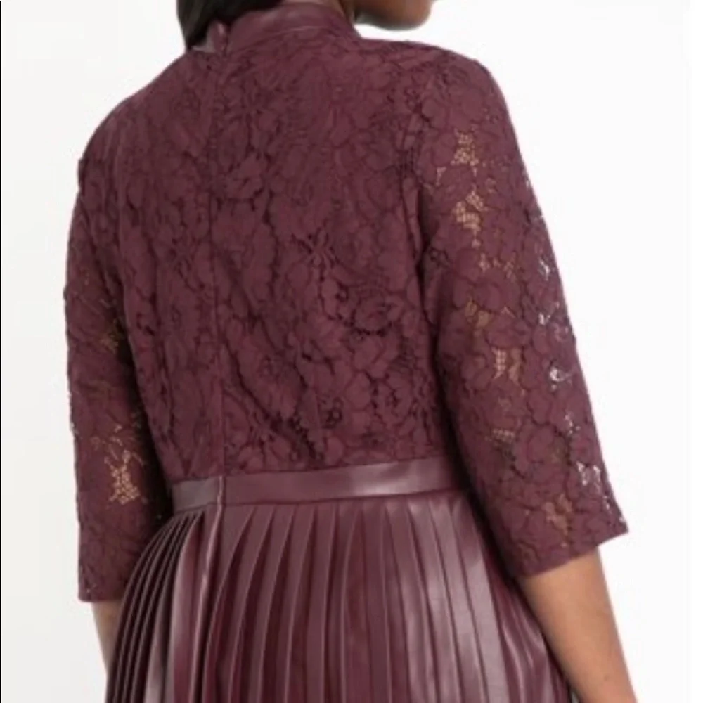 Women’s Burgundy Lace Bodice Pleated Skirt Dress with Bow - Picture 3 of 6